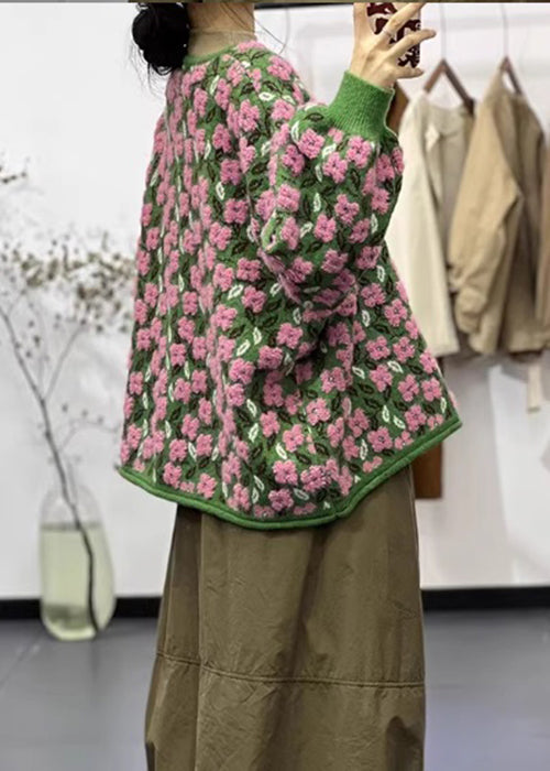 Kvinders Langærmet Blomstret O-hals Strik Frakke 4