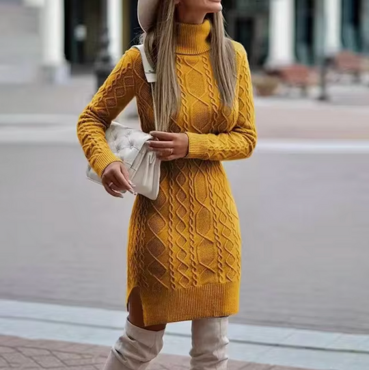 Kvinders Midi Kjole Turtleneck Kabelstrik 3