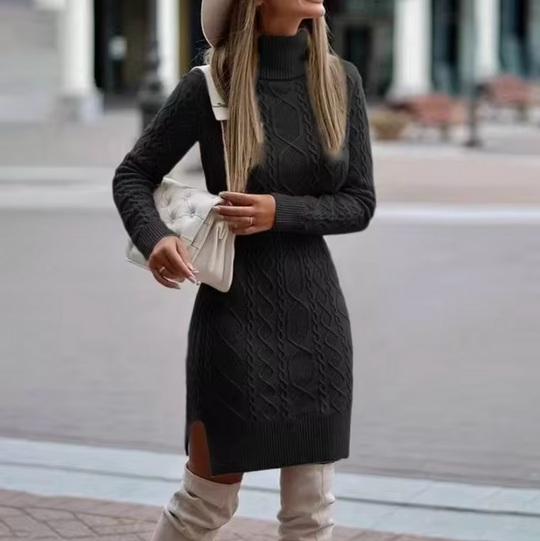 Kvinders Midi Kjole Turtleneck Kabelstrik 4