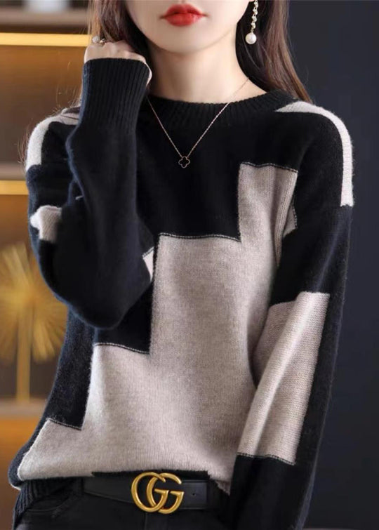 Kvinders O-hals Sweater med Patchwork Design 1