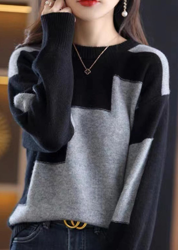 Kvinders O-hals Sweater med Patchwork Design 2