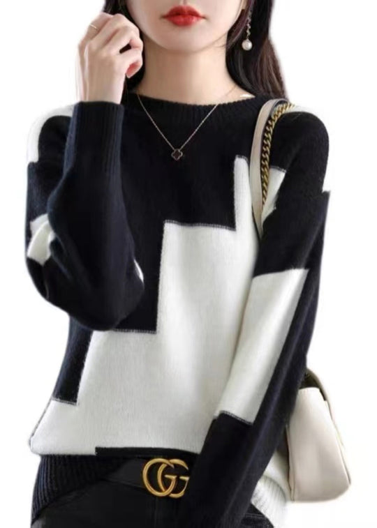 Kvinders O-hals Sweater med Patchwork Design 4