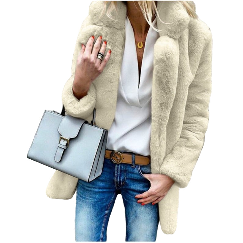 Kvinders Oversized Faux Fur Frakke med Fold-Over Krave 0