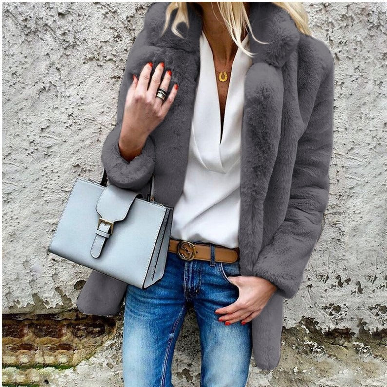 Kvinders Oversized Faux Fur Frakke med Fold-Over Krave 2