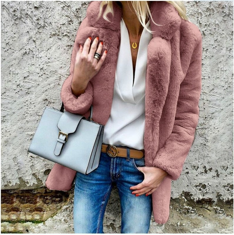 Kvinders Oversized Faux Fur Frakke med Fold-Over Krave 3
