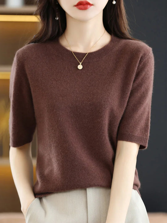 Kvinders Pullover Merino Uld O-Neck Strik T-Shirt 1