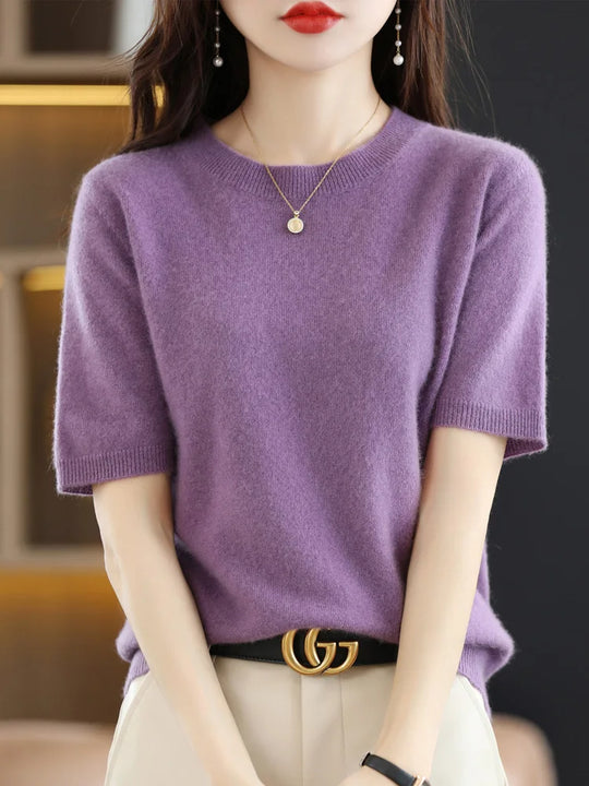 Kvinders Pullover Merino Uld O-Neck Strik T-Shirt 11