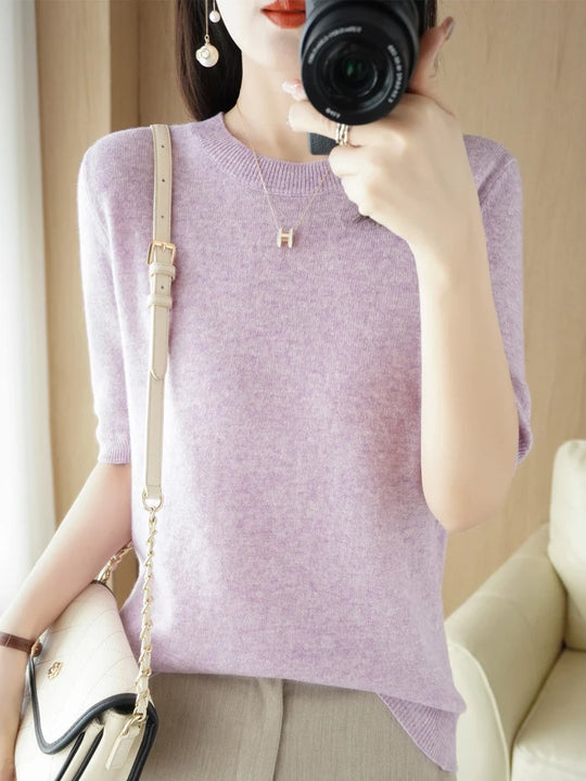 Kvinders Pullover Merino Uld O-Neck Strik T-Shirt 16
