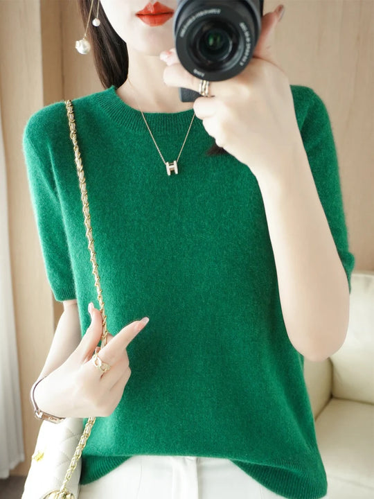 Kvinders Pullover Merino Uld O-Neck Strik T-Shirt 18