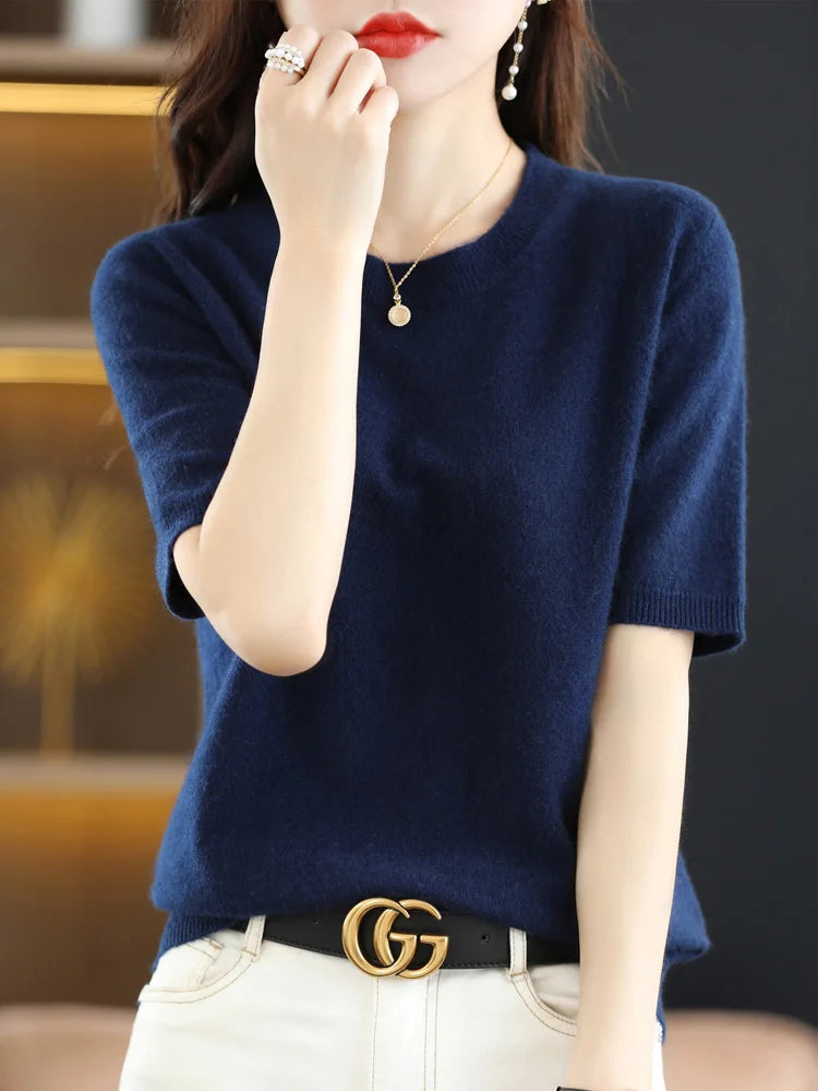 Kvinders Pullover Merino Uld O-Neck Strik T-Shirt 5