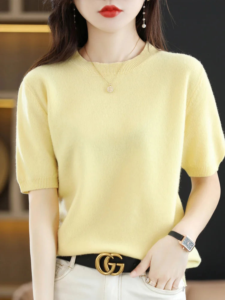 Kvinders Pullover Merino Uld O-Neck Strik T-Shirt 8