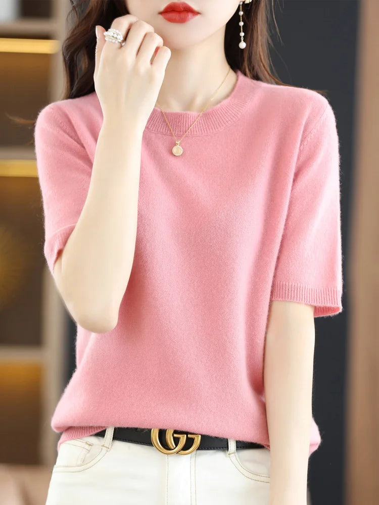 Kvinders Pullover Merino Uld O-Neck Strik T-Shirt 9