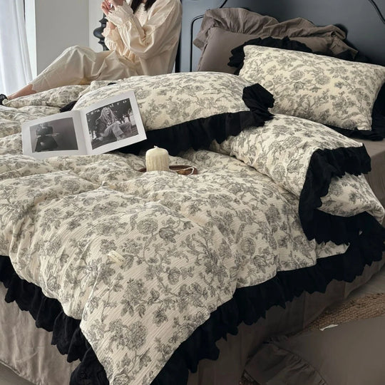 Kvinders Quiltet Sengetøjssæt Vintage Blomstermønster med Flæsekant 1