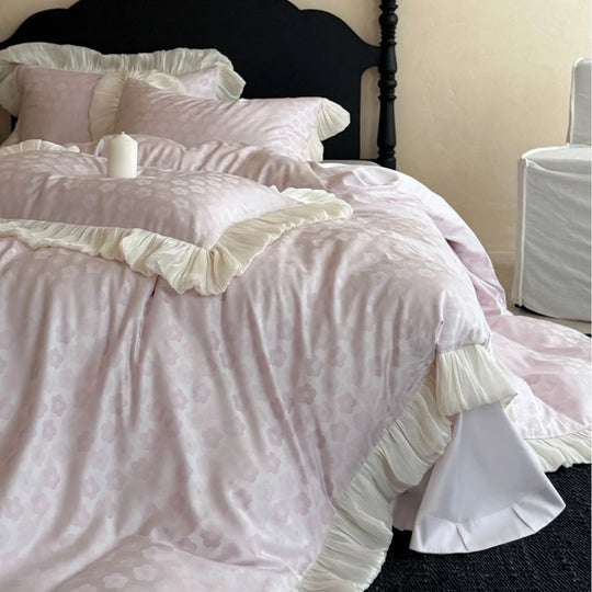Kvinders Sengesæt med Plisseret Flæsemønster og Jacquard-Blomstermotiv 0