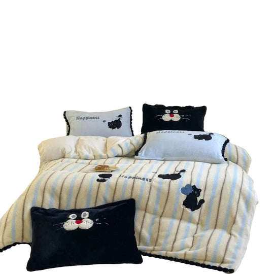 Kvinders Sengetøj Sæt med Broderede Kattemotiver og Stribet Design 0