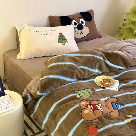 Kvinders Sengetøj Sæt med Broderede Kattemotiver og Stribet Design 4