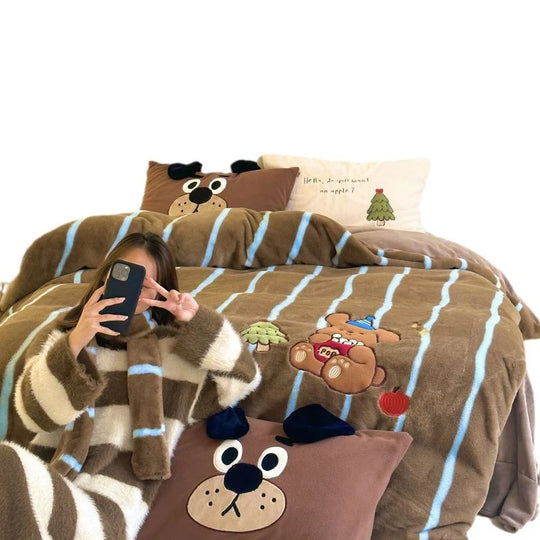Kvinders Sengetøj Sæt med Broderede Kattemotiver og Stribet Design 5