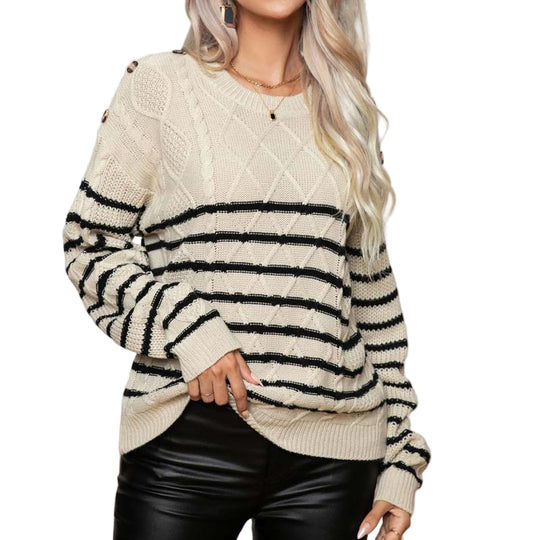 Kvinders Strikket Sweater Med Striber 0
