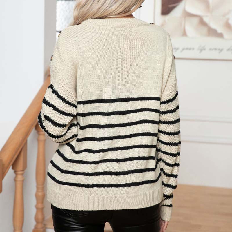 Kvinders Strikket Sweater Med Striber 2
