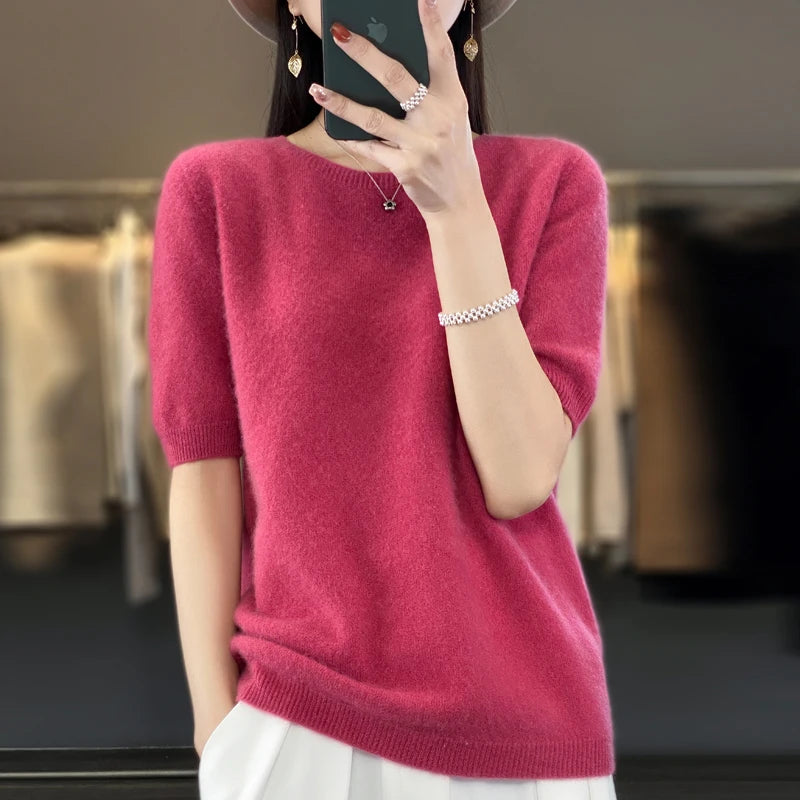Kvinders T-shirt Pullover Rund Hals 100% Merino Uld 1