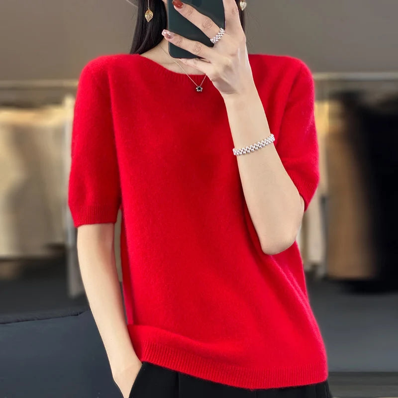 Kvinders T-shirt Pullover Rund Hals 100% Merino Uld 5