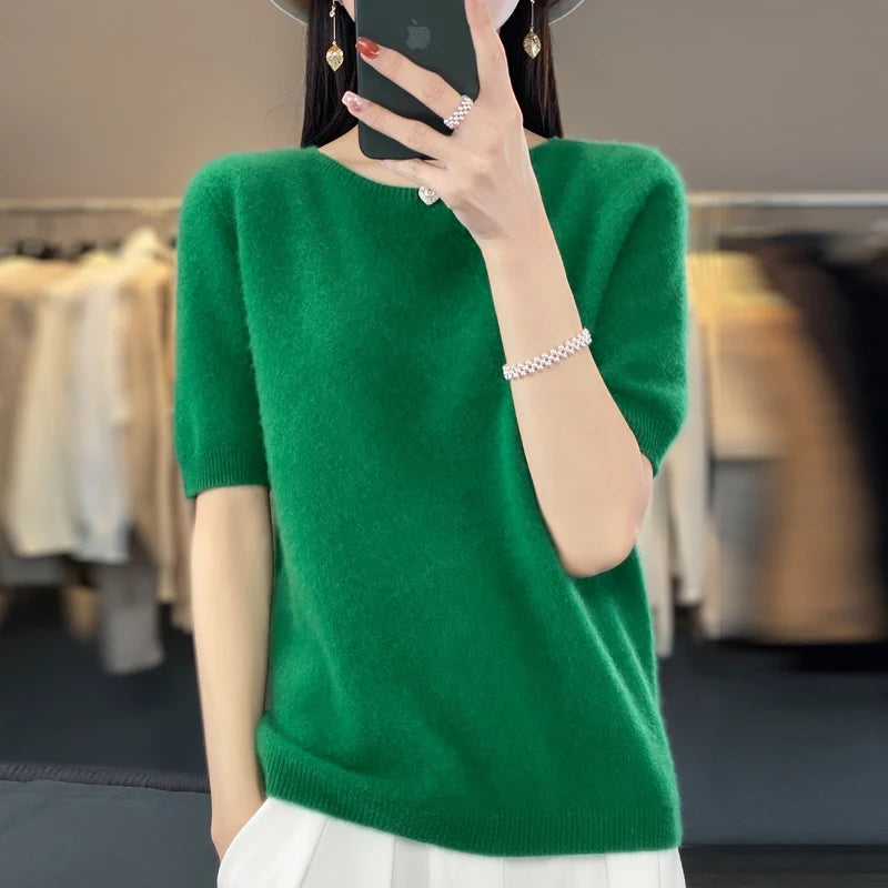 Kvinders T-shirt Pullover Rund Hals 100% Merino Uld 6