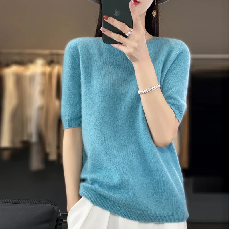 Kvinders T-shirt Pullover Rund Hals 100% Merino Uld 8
