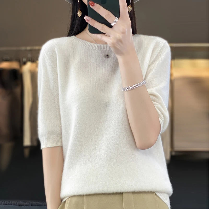 Kvinders T-shirt Pullover Rund Hals 100% Merino Uld 9