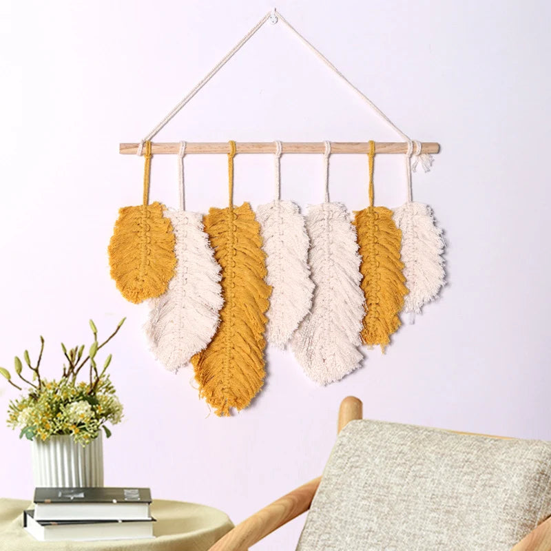 Makramé Vægophæng med Bladmotiv Boheme Stil 1