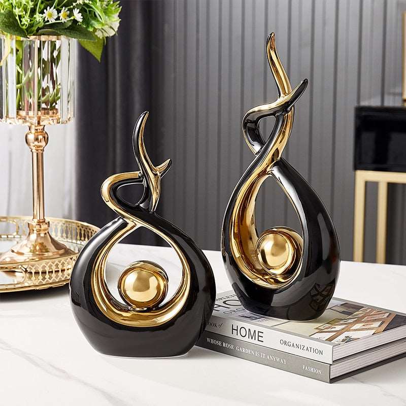 Moderne Abstrakt Keramisk Skulptur med Guldaccenter 3