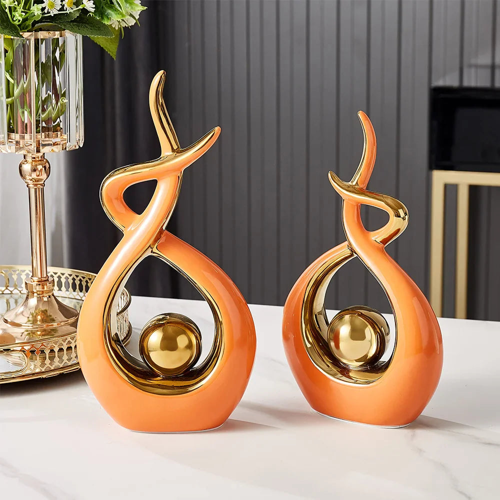Moderne Abstrakt Keramisk Skulptur med Guldaccenter 6