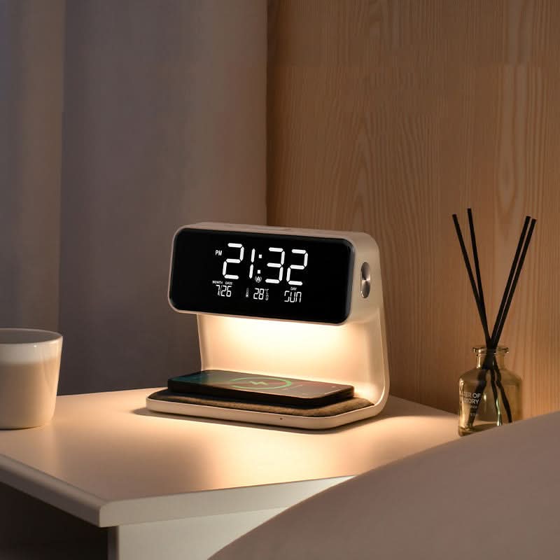 Multifunktionel Vækkeur med LED-Lampe og Trådløs Oplader 0