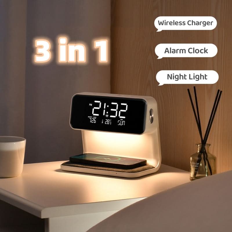 Multifunktionel Vækkeur med LED-Lampe og Trådløs Oplader 1