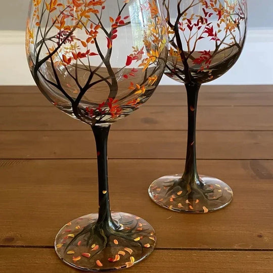 Unisex Vinglas Håndmalet Årstidstræ Design 7