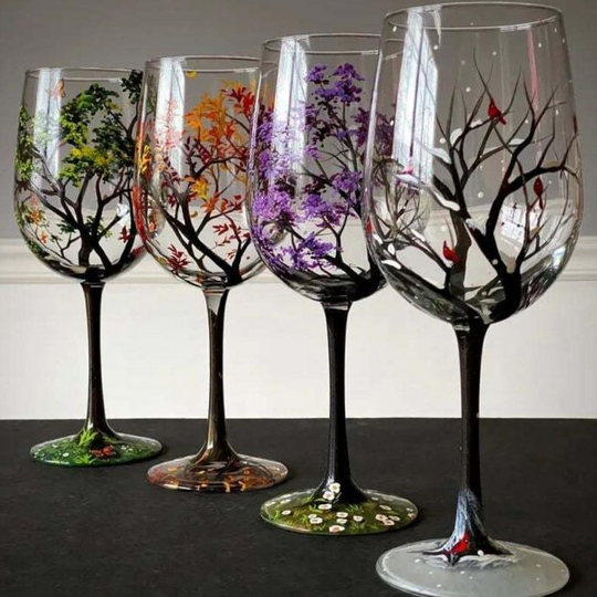Vinglas med Håndmalet Design - Four Seasons Tree 1
