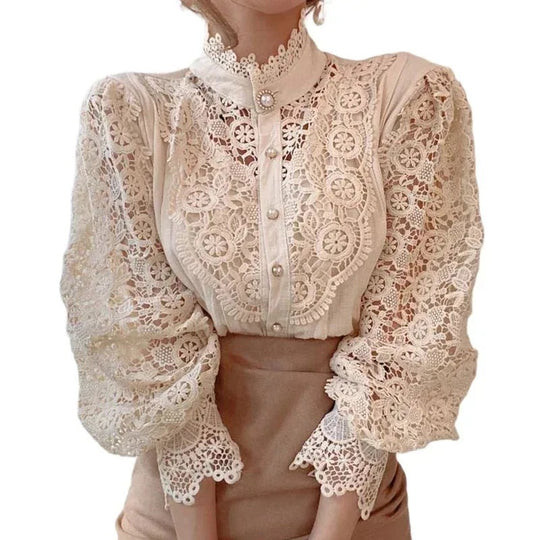 Blomsterbluse med hul blonder til kvinder