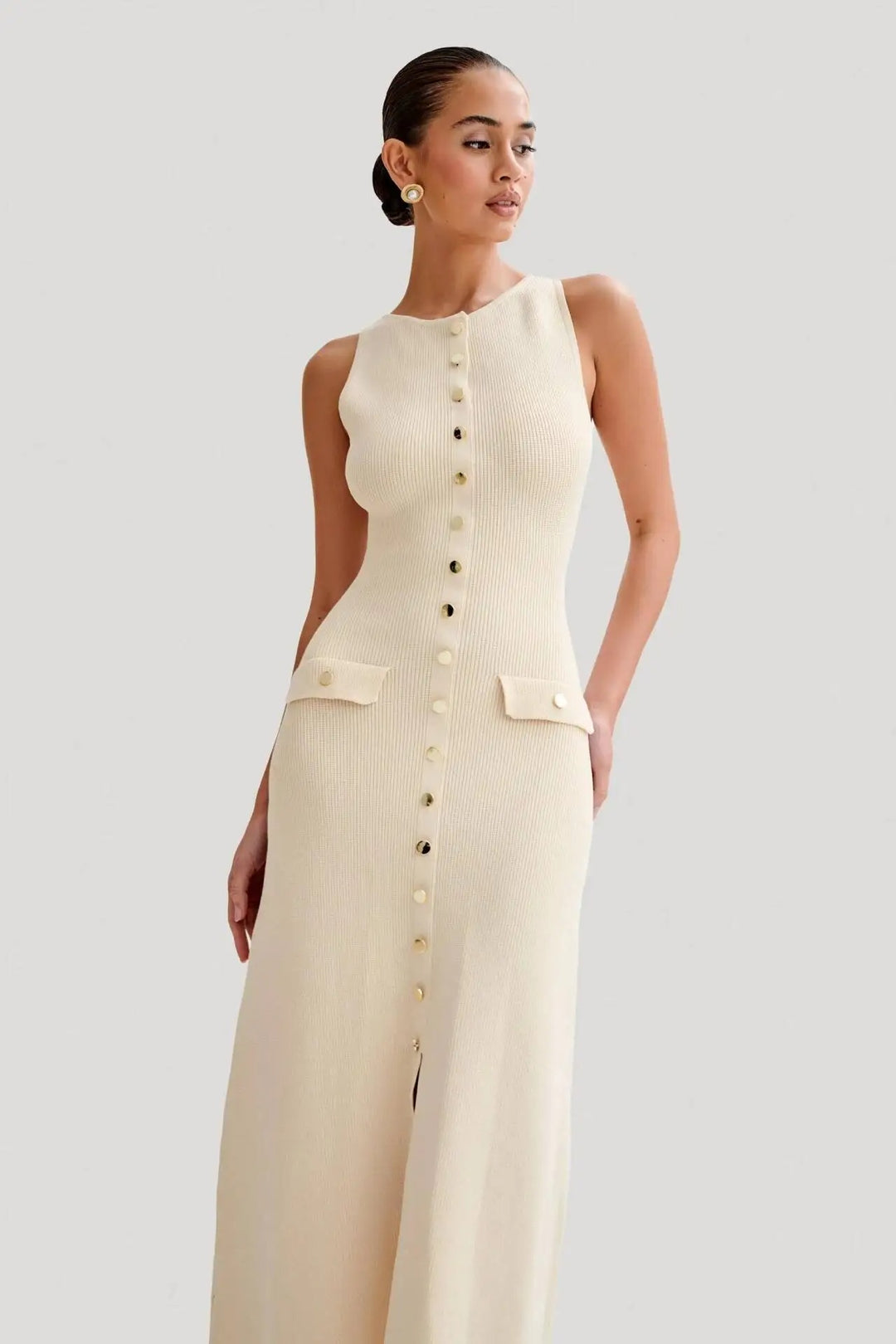 Kvinders strikket ærmeløs Button-Up Bodycon-kjole