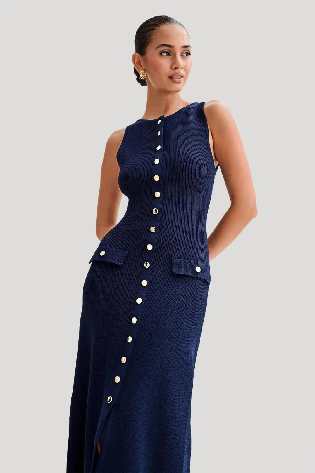 Kvinders strikket ærmeløs Button-Up Bodycon-kjole