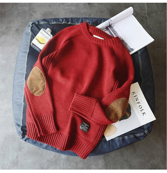 Oversized patch-strikket sweater til mænd