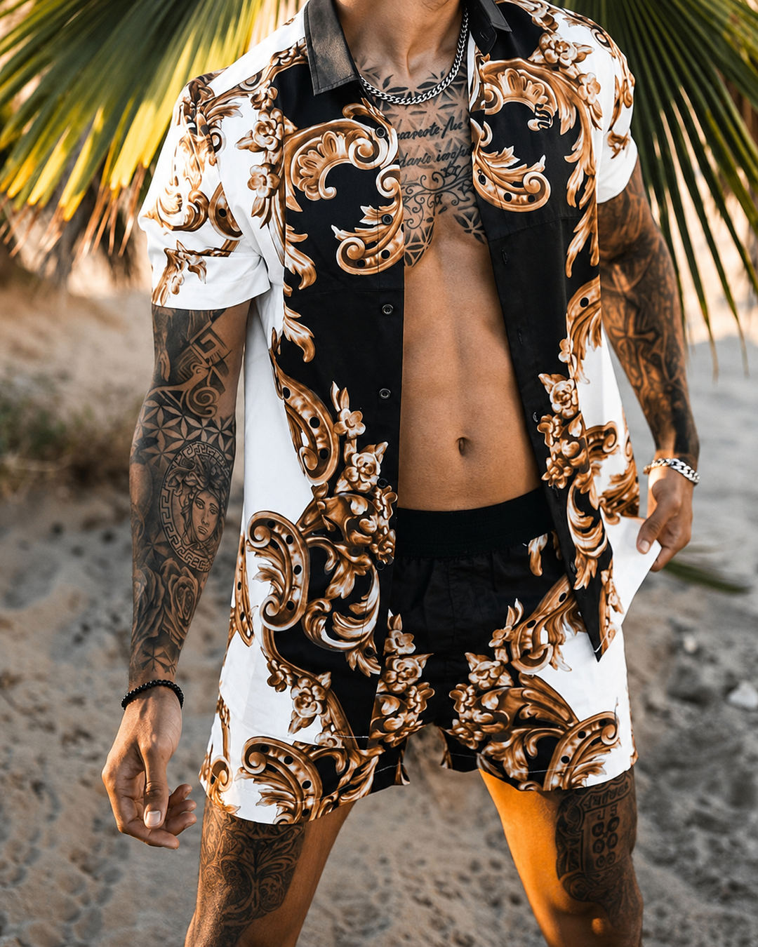 Herre Sommer Sæt Løs Kortærmet Skjorte med Shorts Patchwork Design