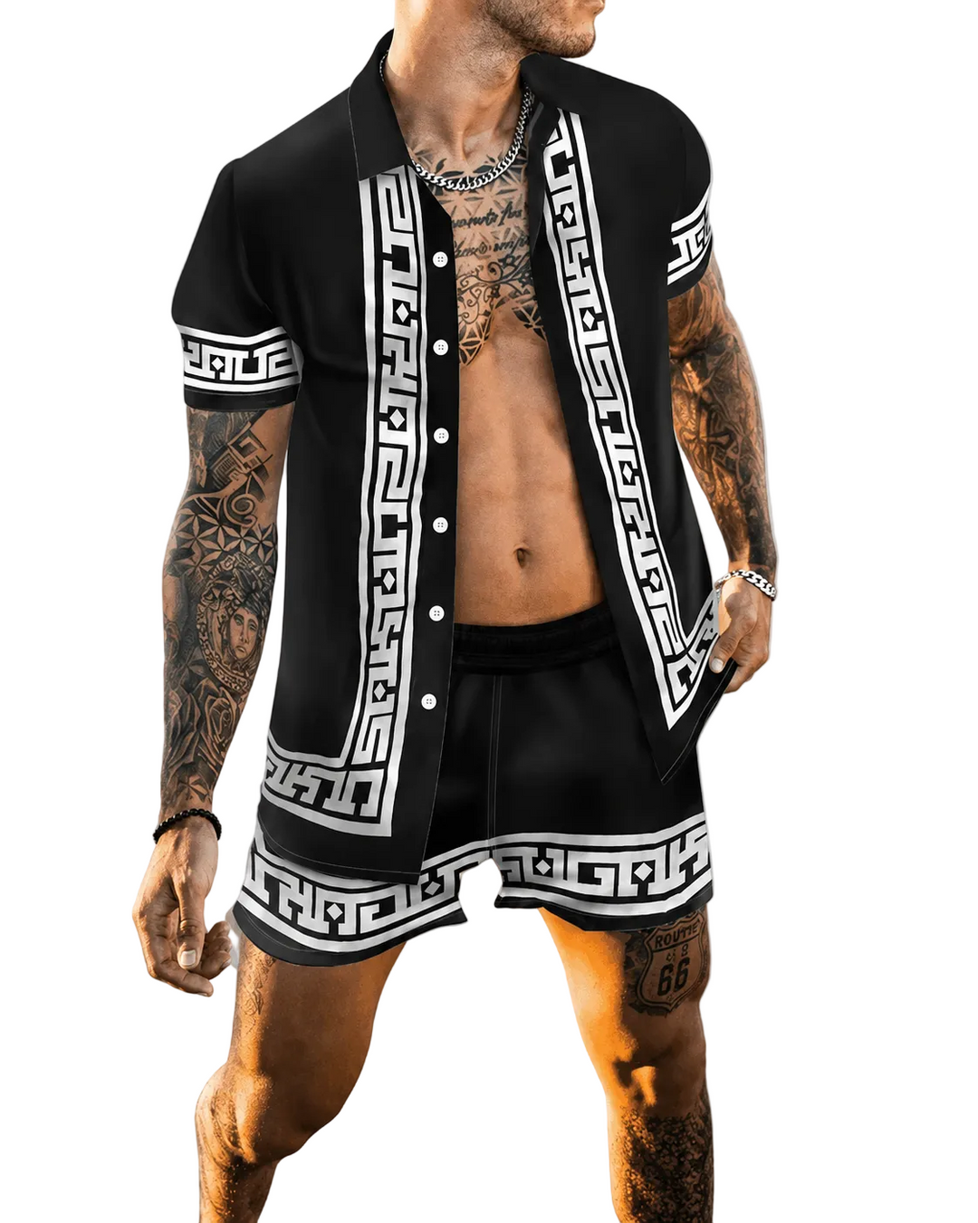 Herre Sommer Sæt Løs Kortærmet Skjorte med Shorts Patchwork Design