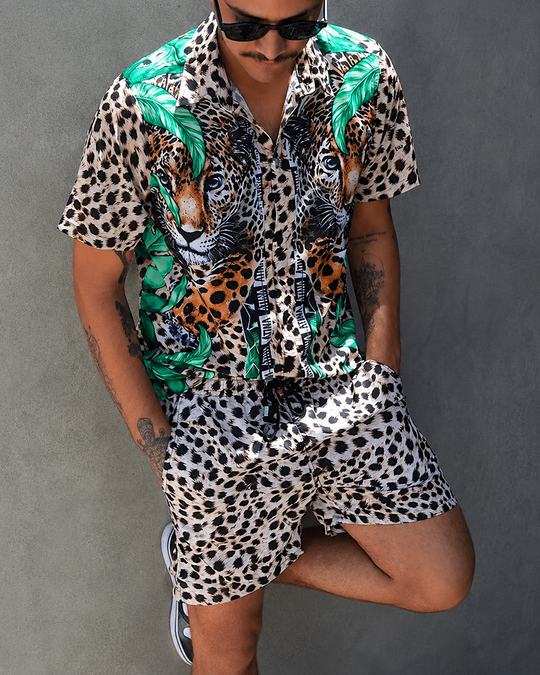Herre Sommer Sæt Løs Kortærmet Skjorte med Shorts Patchwork Design