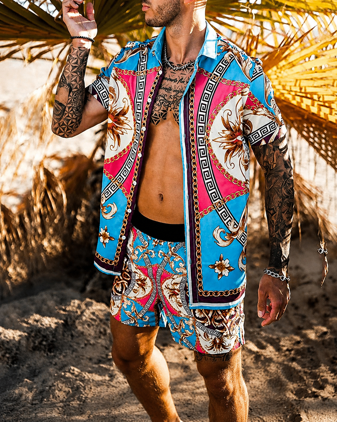 Herre Sommer Sæt Løs Kortærmet Skjorte med Shorts Patchwork Design