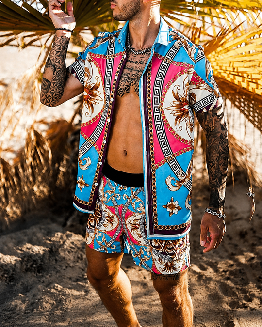 Herre Sommer Sæt Løs Kortærmet Skjorte med Shorts Patchwork Design