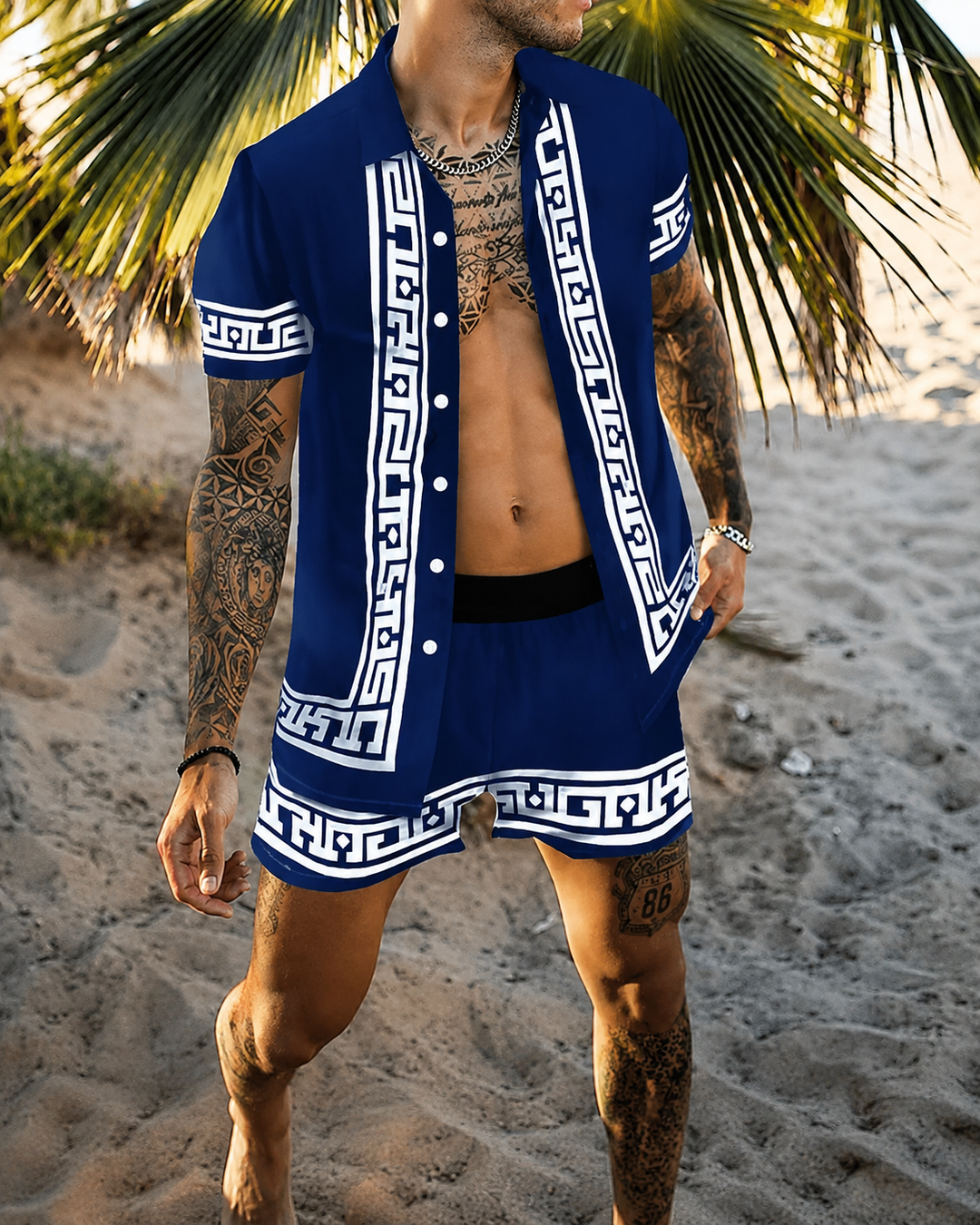 Herre Sommer Sæt Løs Kortærmet Skjorte med Shorts Patchwork Design