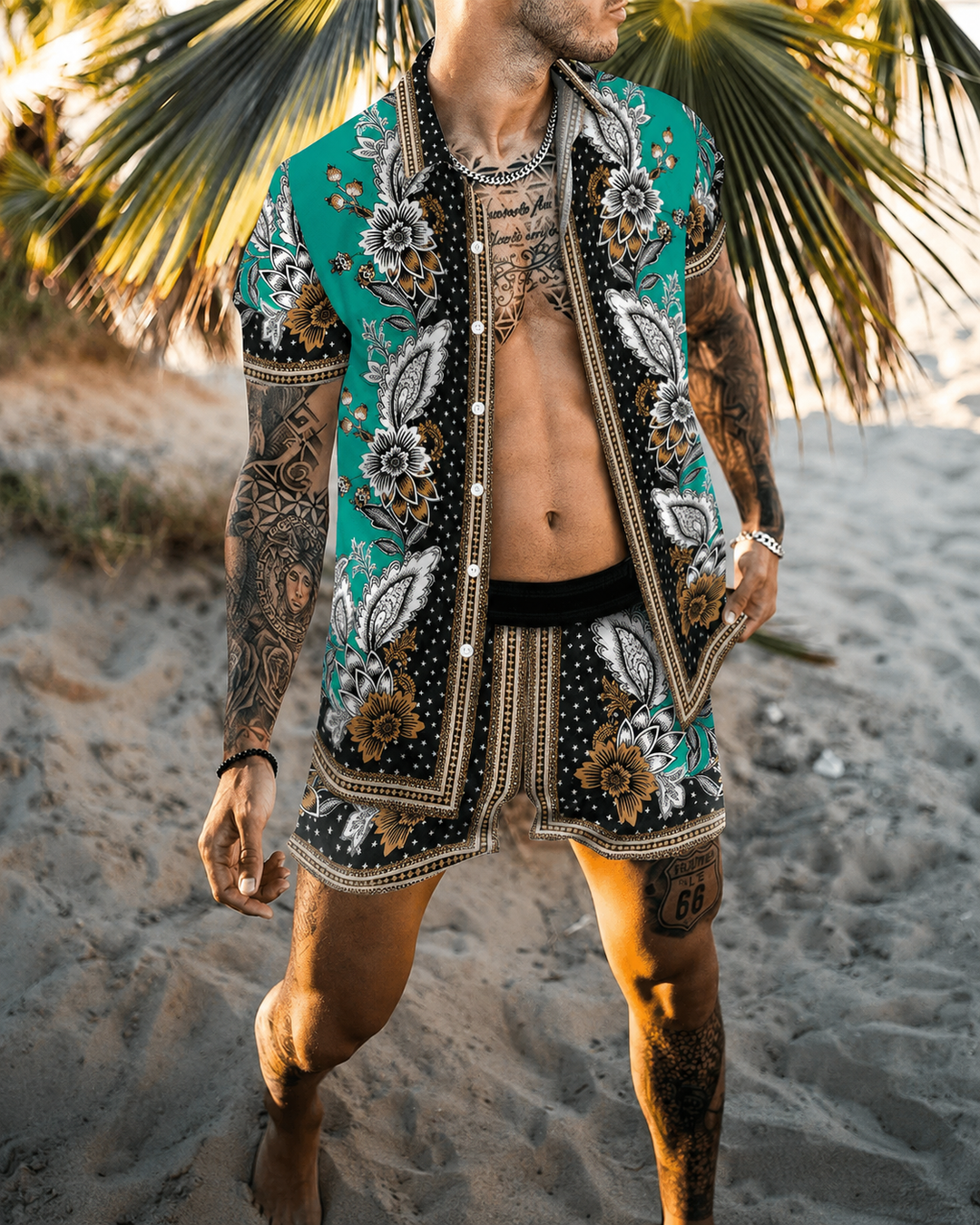 Herre Sommer Sæt Løs Kortærmet Skjorte med Shorts Patchwork Design