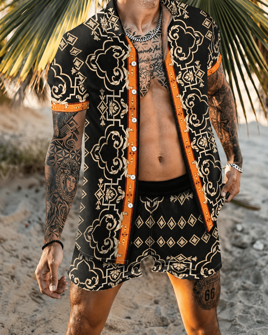 Herre Sommer Sæt Løs Kortærmet Skjorte med Shorts Patchwork Design