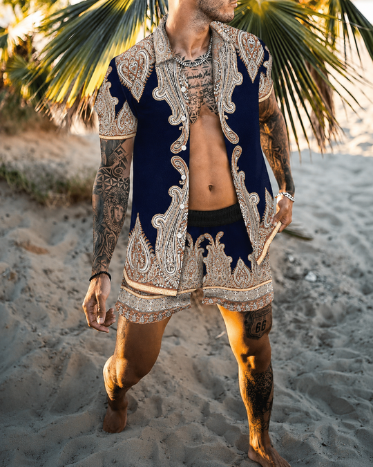 Herre Sommer Sæt Løs Kortærmet Skjorte med Shorts Patchwork Design