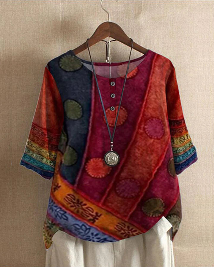 Variant image for Kvinder Bluse Multifarvet Vintage Løs Fit Bomuld-10