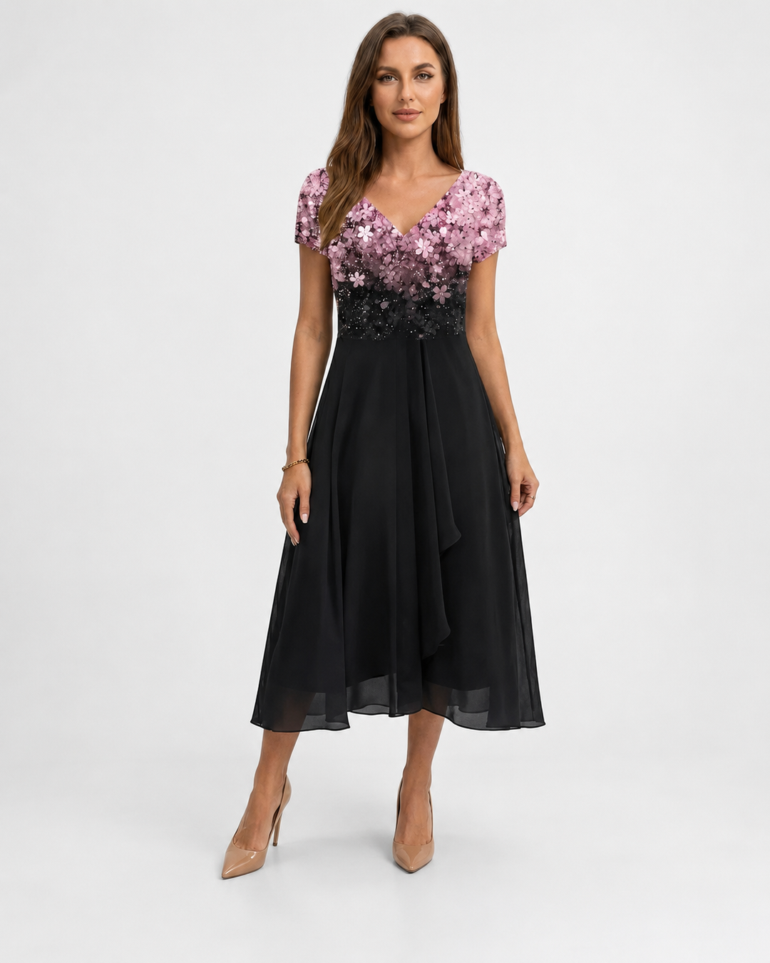 Kvinders Midi Kjole Blomstret Chiffon